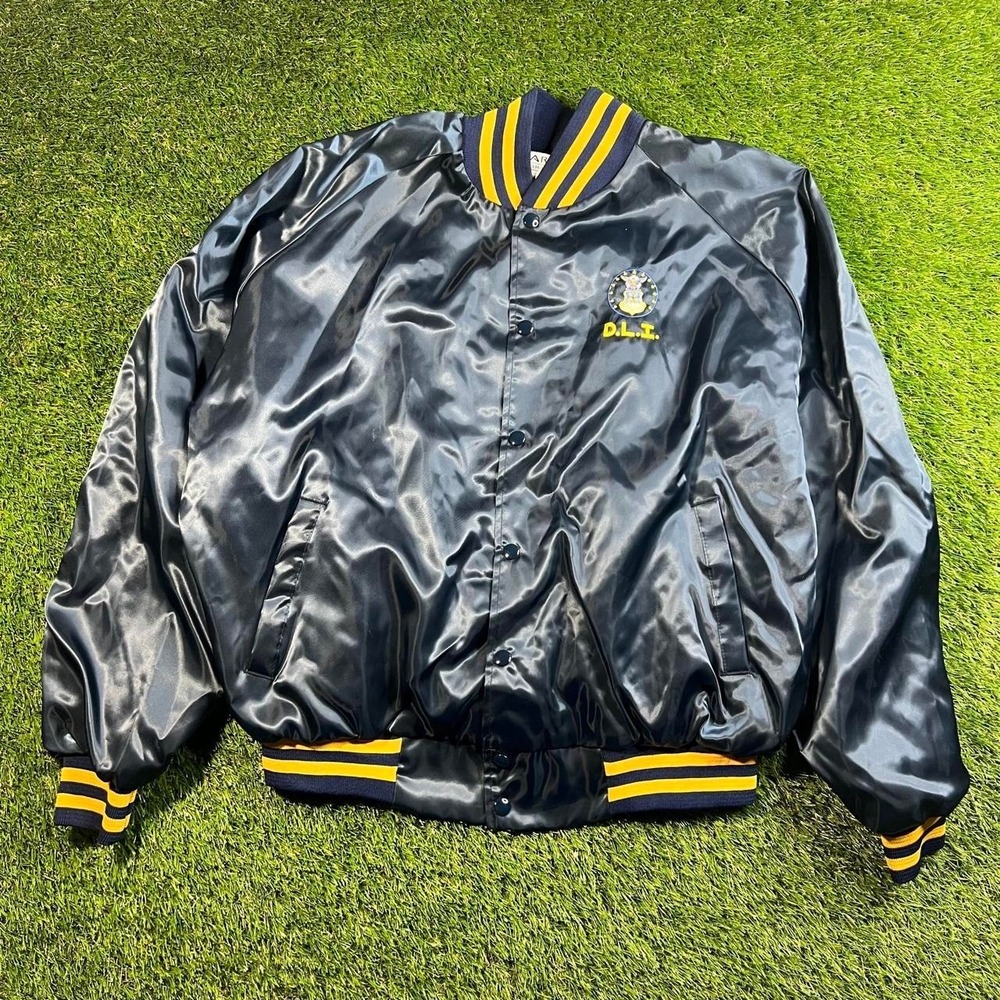 Vintage 80s Artex Satin Varsity Jacket D.L.I. Eagle Blue Gold USA XL RARE
